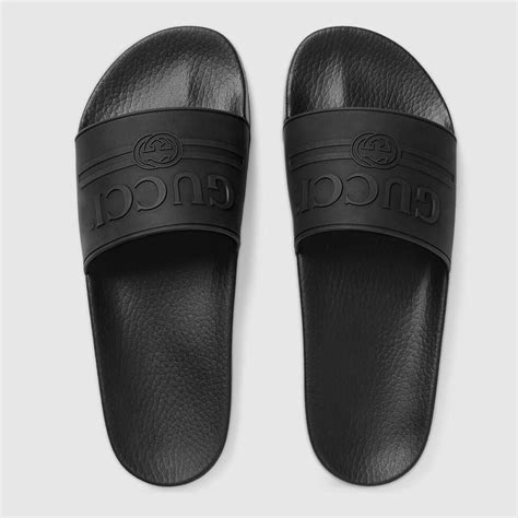 gucci logo slide black rubber|Gucci rubber slide sandals outfit.